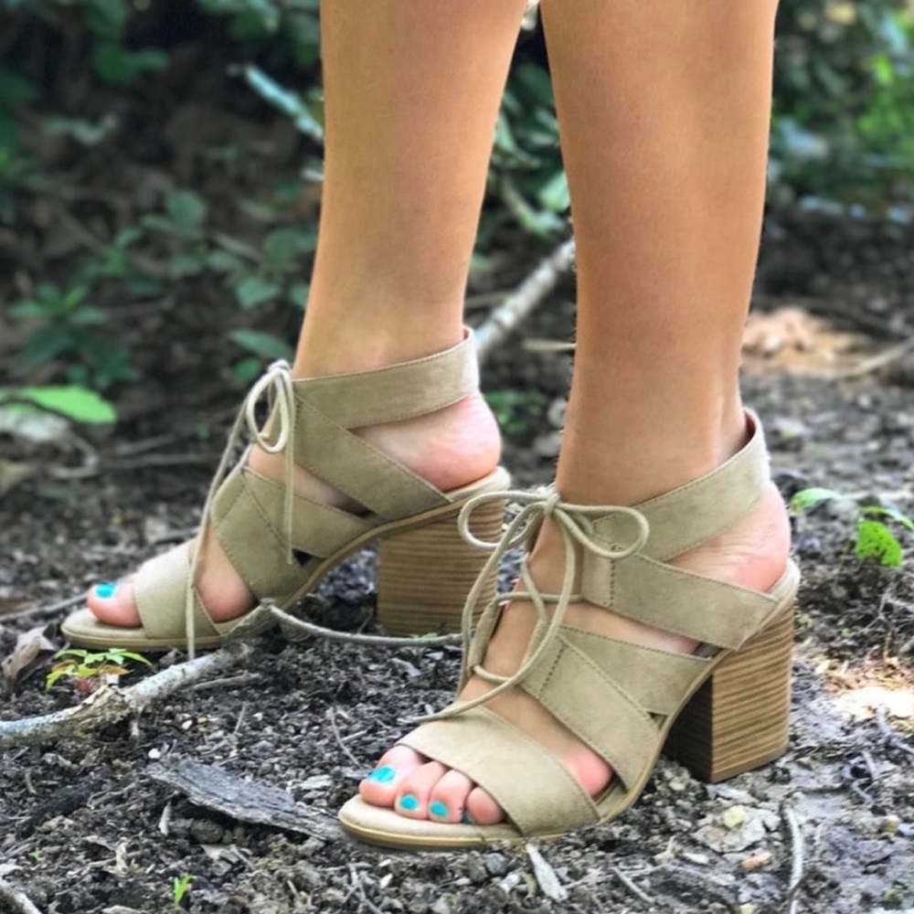 Ash Gray Block Heel Caged Lace Up Gladiator Heels - Picture 2 of 5